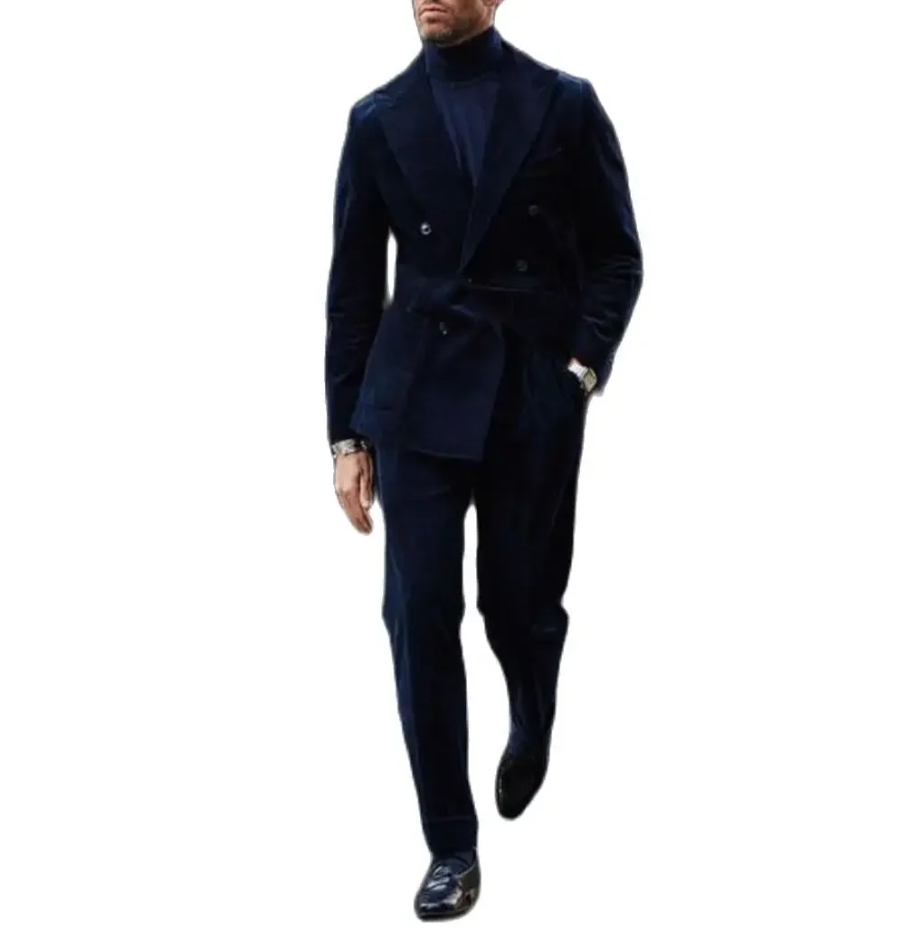 

Dark Blue Men Suits Winter Thick Corduroy Suit Blazer Trousers Coat Men'S Sets 2PCS Jacket Pants Peak Lapel Business Suits Wear
