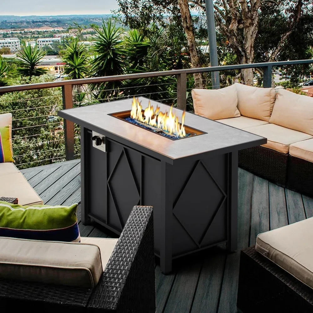 Propane Fire Pit 43 Inch Gas Fire Pit Table, Auto-Ignition 2 in 1 Gas Firepit with Ceramic Tabletop, Glass Stones, FirePits
