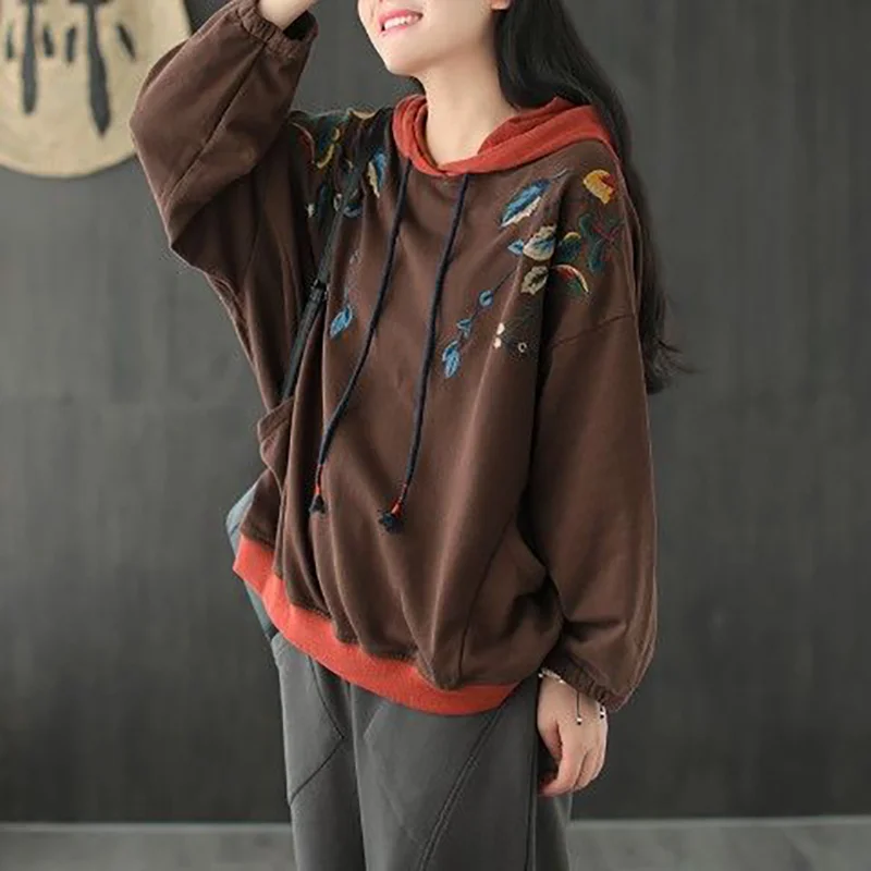 New Hoodie Women's Size Tops Autum Fashion Splicing Stand Collar Embroidery Chinese Style Sweatshirt Shirts Woman