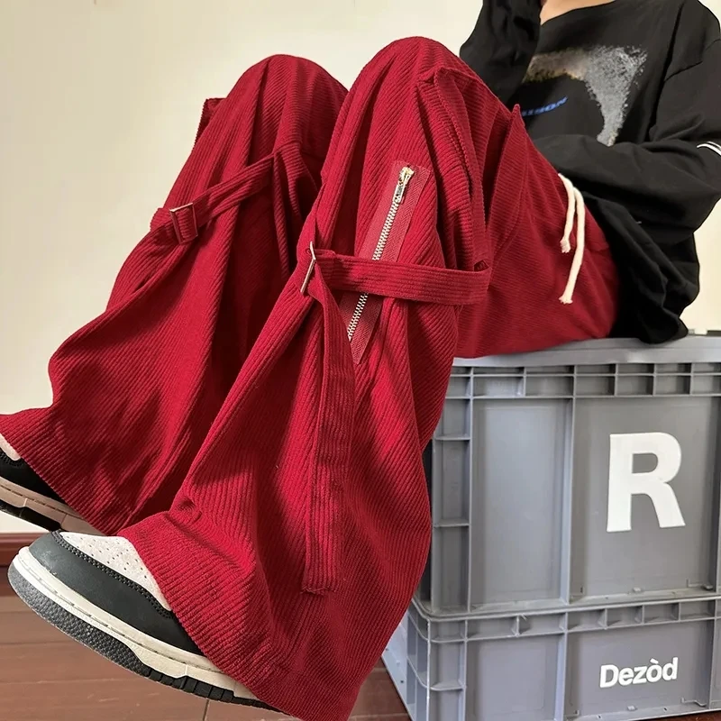 

Брюки-карго женские с завышенной талией, уличные штаны с широкими штанинами, винтажные однотонные прямые брюки в стиле Y2K, красные, осень 2024