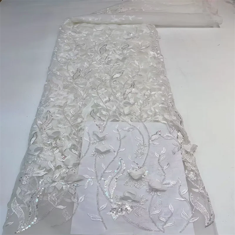 

Fashion French Tulle Lace 3D Flower Materials High Quality 5 Yards Nigerian Wedding Dress Sequins Embroidery African Lace Fabric