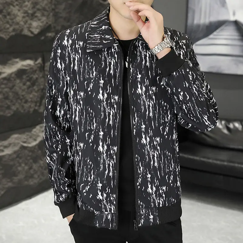 Spring Autumn KPOP Fashion Print Jacket Men Harajuku Tops Loose Casual All Match Outerwear Long Sleeve Coat Vintage Male Clothes