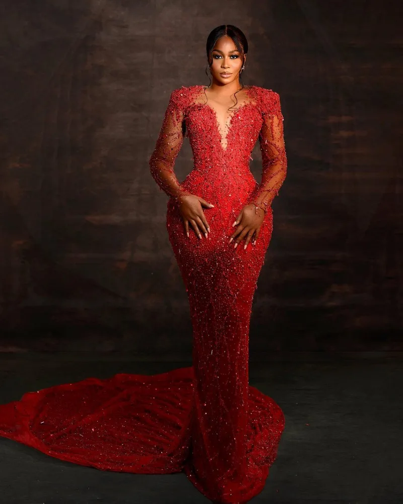 

Luxury Red Evening Dresses Long Applique Beading Aso Ebi Mermaid Prom Gowns 2023 Crystal African Women Formal Party Dress