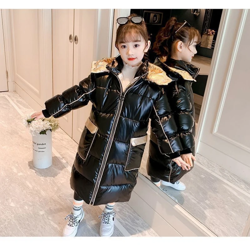 

Winter Girls Bright Down Cotton Jacket Parkas 12 Years Old Children's Clothing Wash Free Mid Length Fashion Outerwear Kids Coats