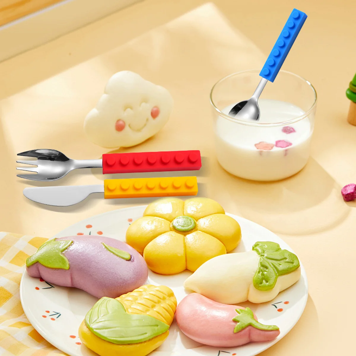 Stainless steel knife fork spoon three piece set silicone block handle children's training tableware