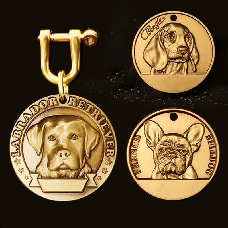 Customized Dog ID Tag Brass Embossed Lettering Prevent Losing Pets Card