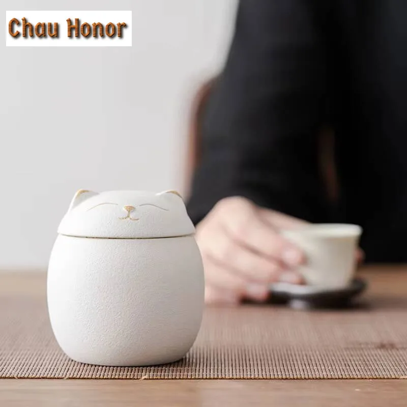 Cute Kitten Tea Canister Coarse Ceramic Moisture Proof Sealed Storage Can Ceramic Creative Personality Tea Warehouse Accessories