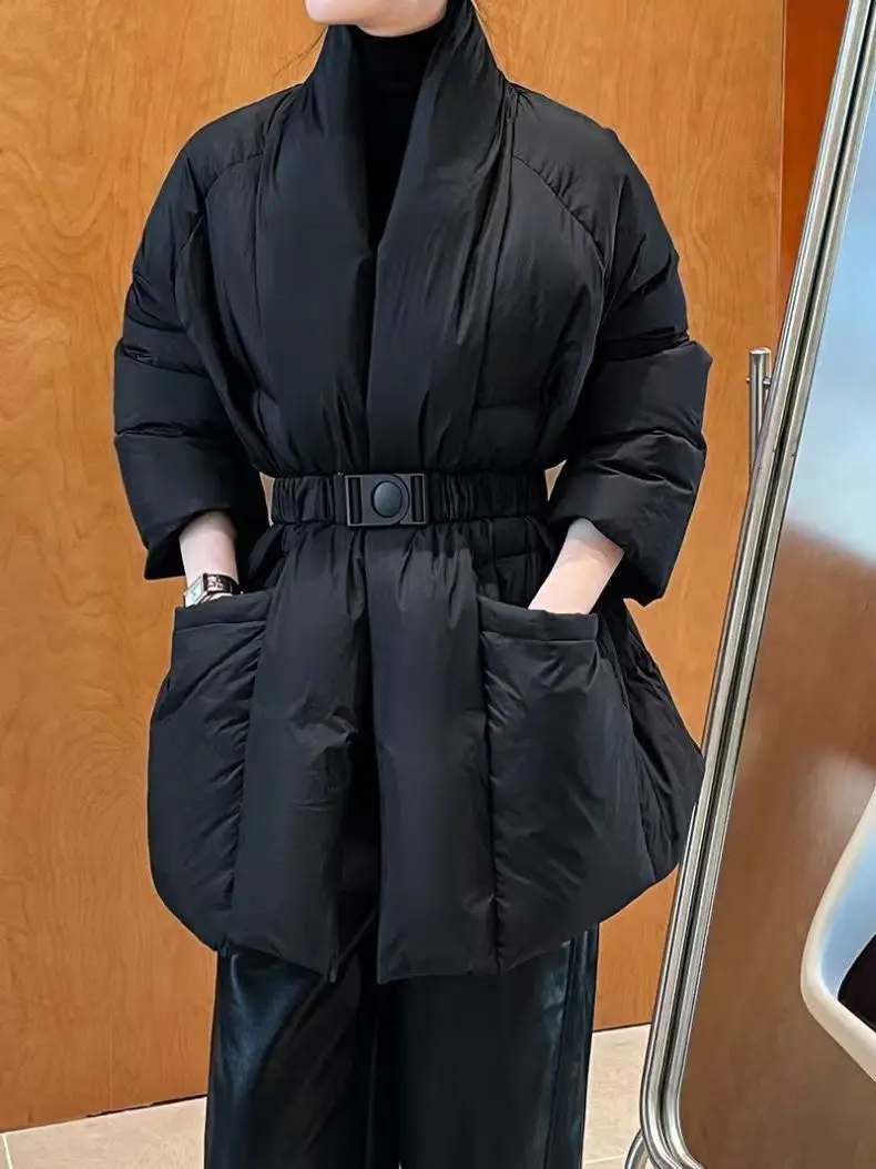Women Winter V Neck Down Cotton Jacket 2025 New Women Warm Thicken Cotton Coat Korean Belt Waist Winter Outwear Women Parka Coat