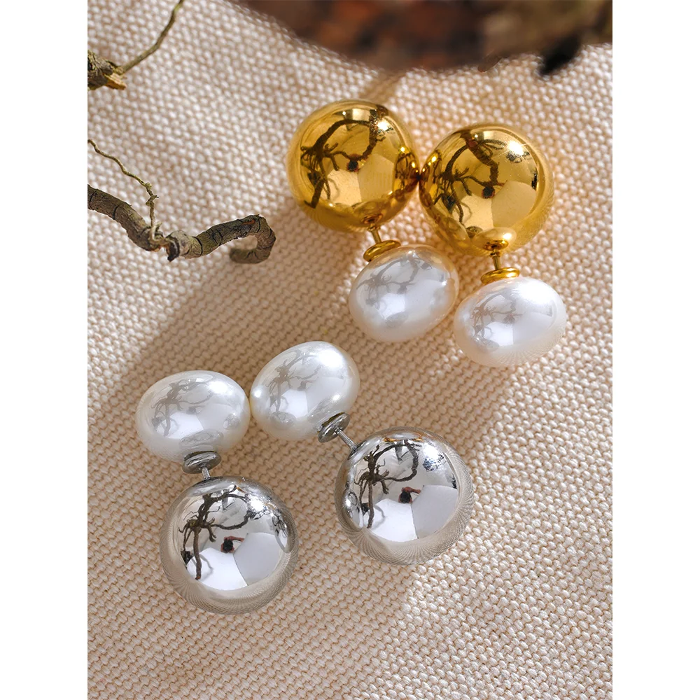 1pair Round Metal Stud Earrings Imitation Pearl Push-back Earring