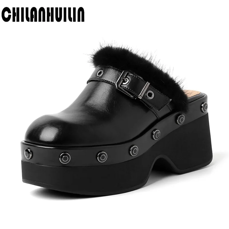 

high heels genuine leather fur women shoes pumps fashion metal rivets round toe shoes woman mules party basic lady shoes slipper