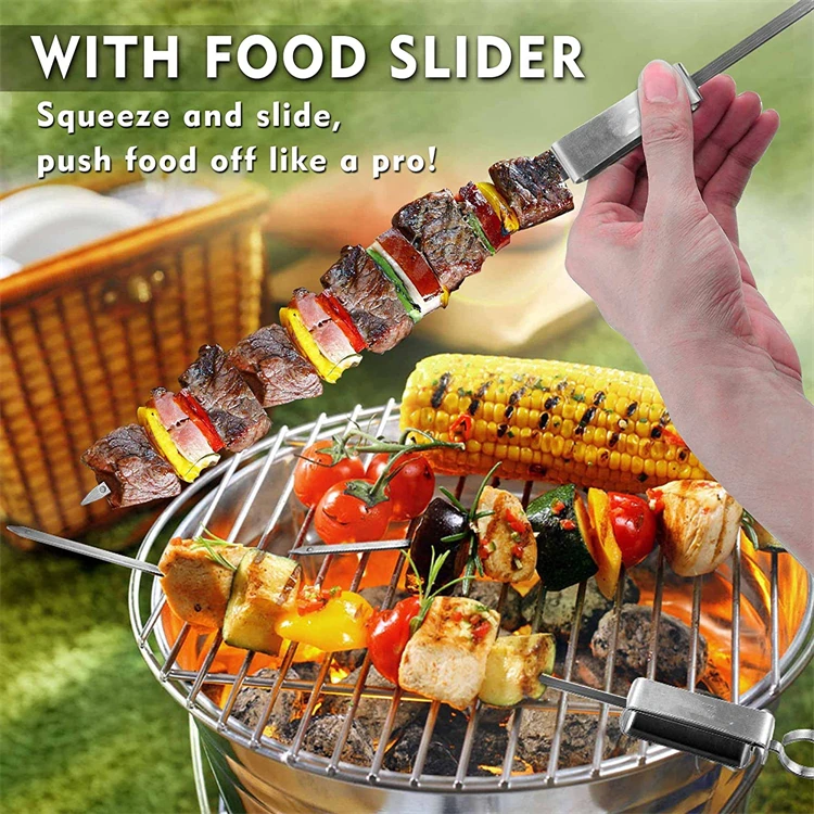 LMETJMA 17inch Kabob Skewers for Grilling Stainless Steel Flat BBQ Skewers with Quick Release Metal Sliding Handle JT45 S2dd1ef7a0dcb487587195d3a391cdba7P