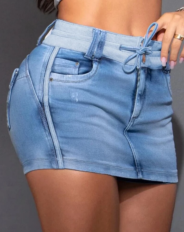 Women's Denim Shorts Skirt 2024 Fashion Contrast Binding Ripped Drawstring Denim Skorts Washed Pocket Zipper Design Denim Shorts