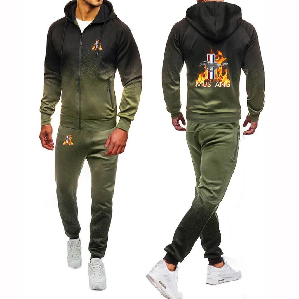 2022 men's new Spring and Autumn Mustang printed Harajuku style sports gradient zipper hoodie leisure pants suit