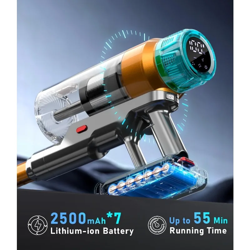Cordless Vacuum Cleaner 600W 55Kpa Stick Vacuum,Up to 55Mins, Vacuum Cleaners for Home Rechargeable Wall Mount OLED Color Screen 3