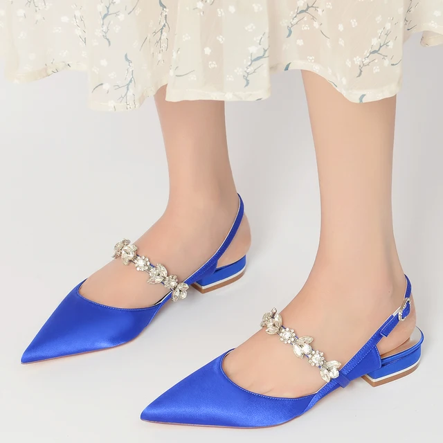 Lady Pointed toe Satin Evening Dress Flats Slingback with Crystal Strap Sweet Bridal Wedding Party Prom Shoes Short Heels Navy 1