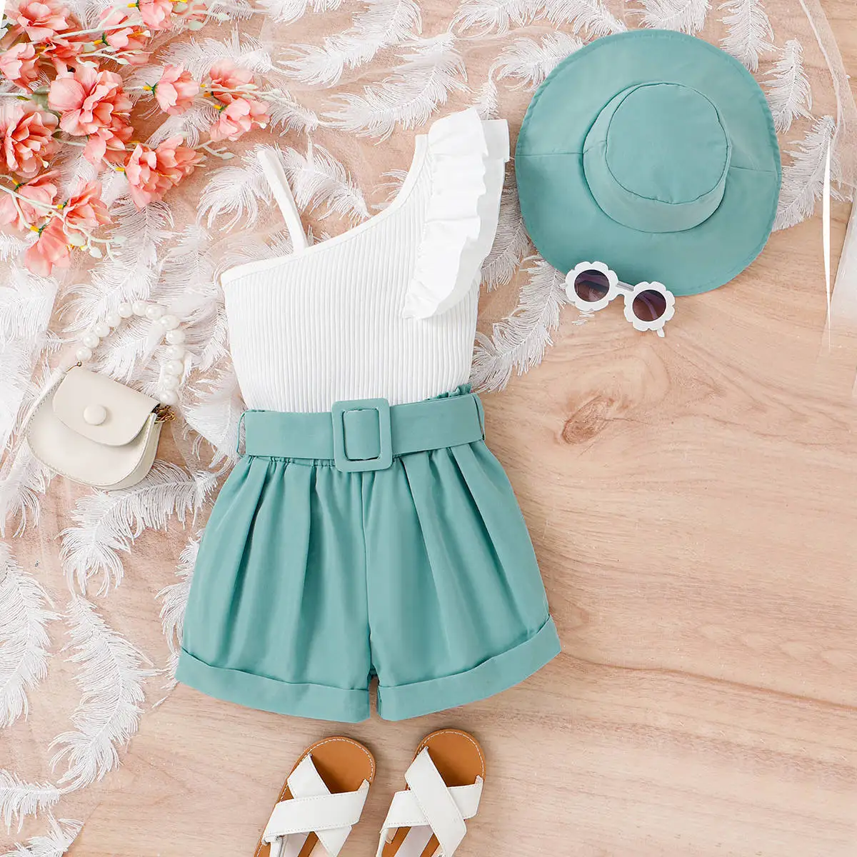 

Kids Girls Clothing Sets Summer Oblique Shoulder Strap With Single Sided Lace Sleeves +Belt Shorts +Hat Baby Girls Clothes Suits