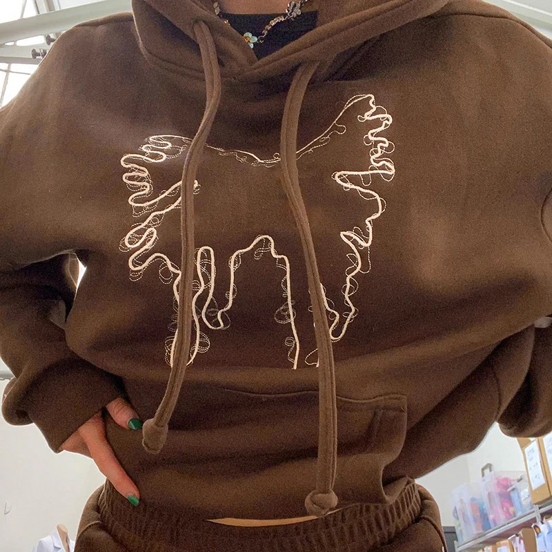 Butterfly Brown Tops Sweatshirts Oversized Long Sleeve Pullovers Hooded Pockets Sporty Tops Y2k Women Autumn Winter Jumpers New