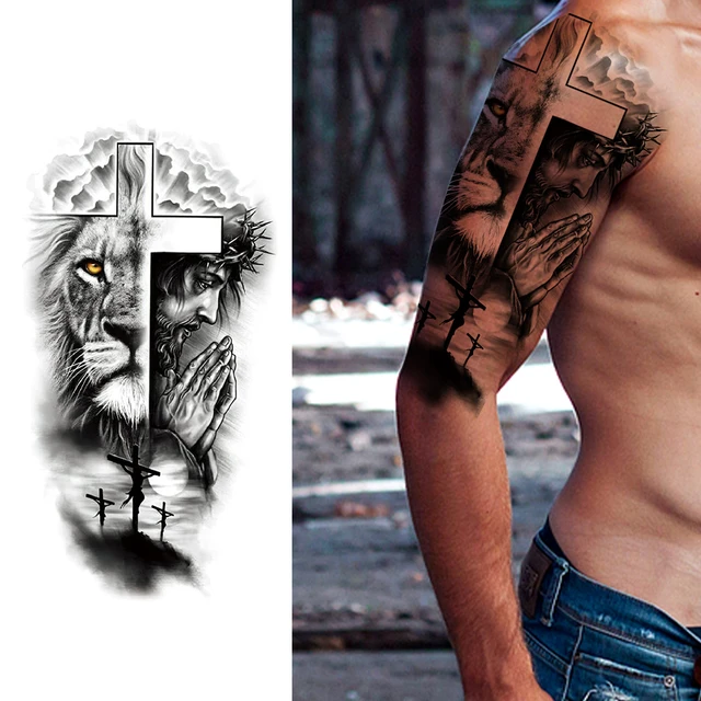 Skull Warrior Temporary Tattoos Sleeve For Men Women Adult Realistic Fake  Flower Tattoo Sticker Black Lion Soldier Large Tatoos