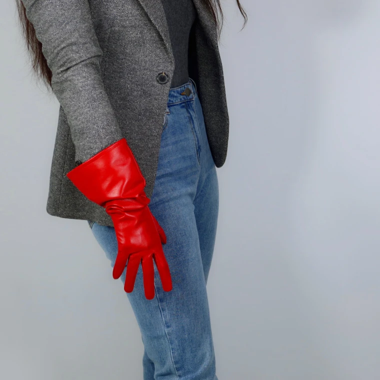 REAL LEATHER TECH LONG GLOVES Unisex Brown 38cm Wide Balloon Puff Sleeves Large LLDLLNT