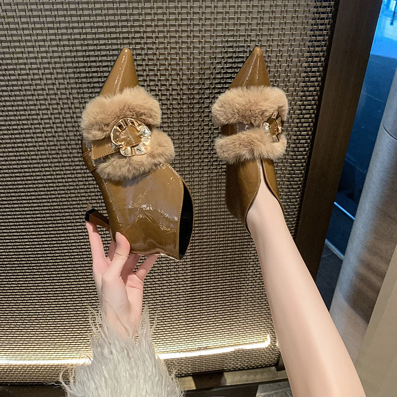 Aphixta Furry Metal Buckle Woman Ankle BootsThin Heels Zipper Short Plush Warm Woman Autumn Winter Shoes High Heels Modern Boots