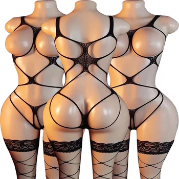 Summer Crotchless Lingerie Women Sexy Fishnet Hollow Open Bra Babydoll Dress  And Lace Stockings Erotic Apparel Porn Underwear