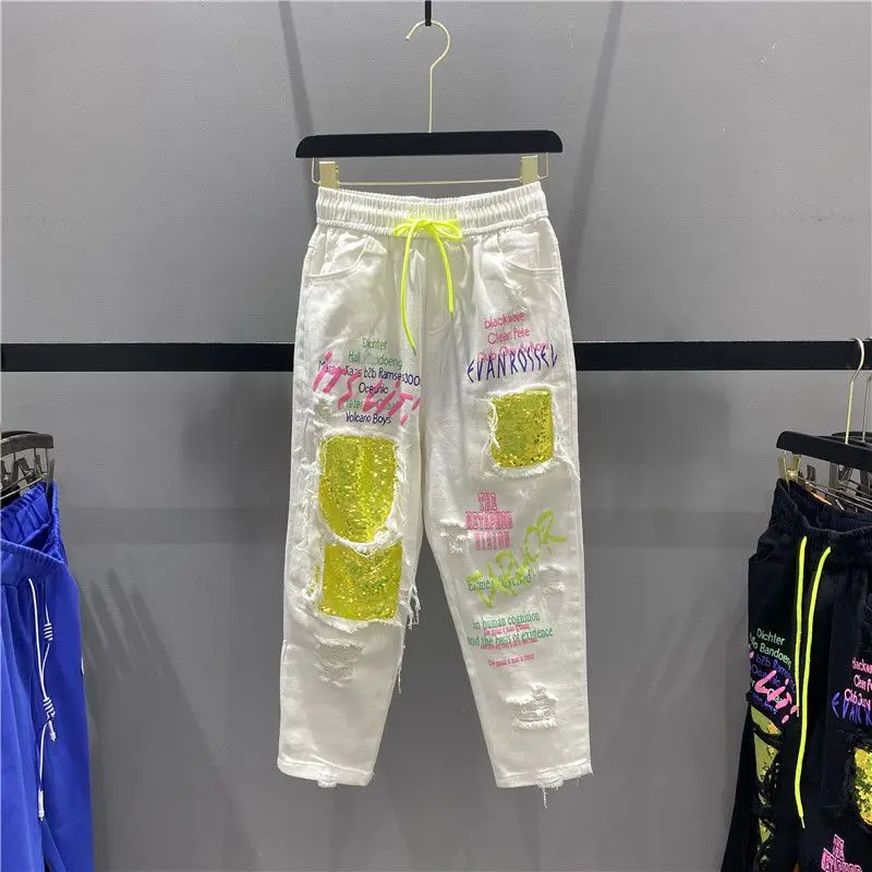 하이 스트리트 여름 새 여성 데님 청바지 찢어진 청바지 Feminino Rock Letters 프린트 바지 데님 바지 Capris BF Jeans