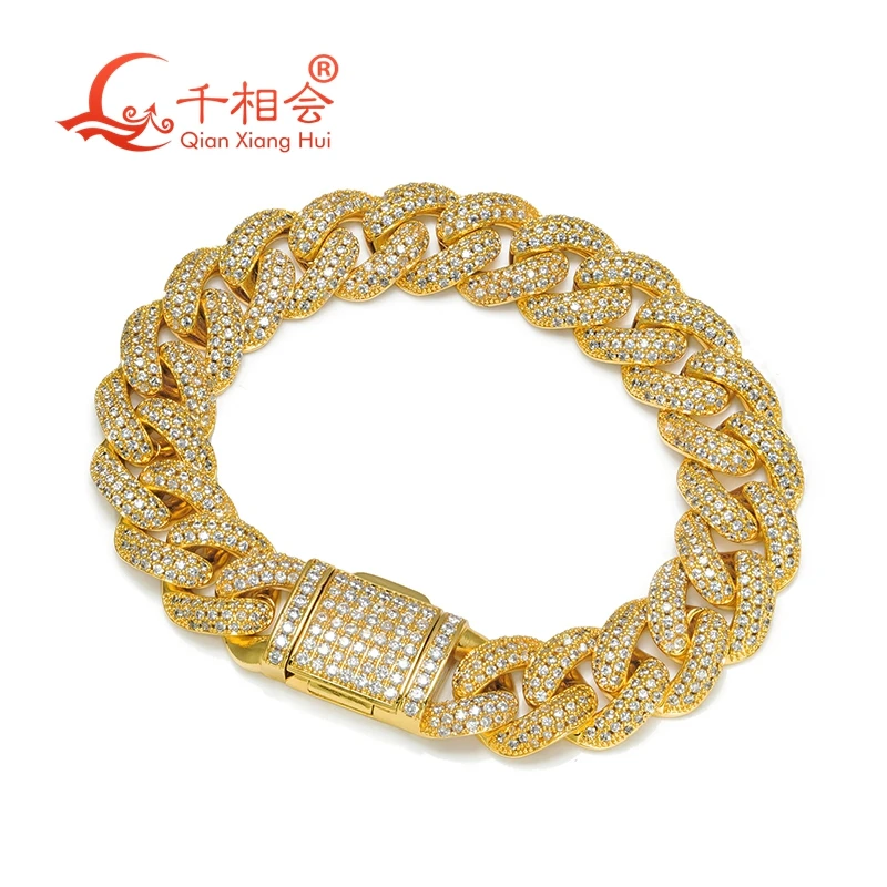 Bracelet 15mm width half moon S925 Sterling  Miami Cuban Chain Moissanite Diamond Hip Hop Style Miami Cuban Link Chain man