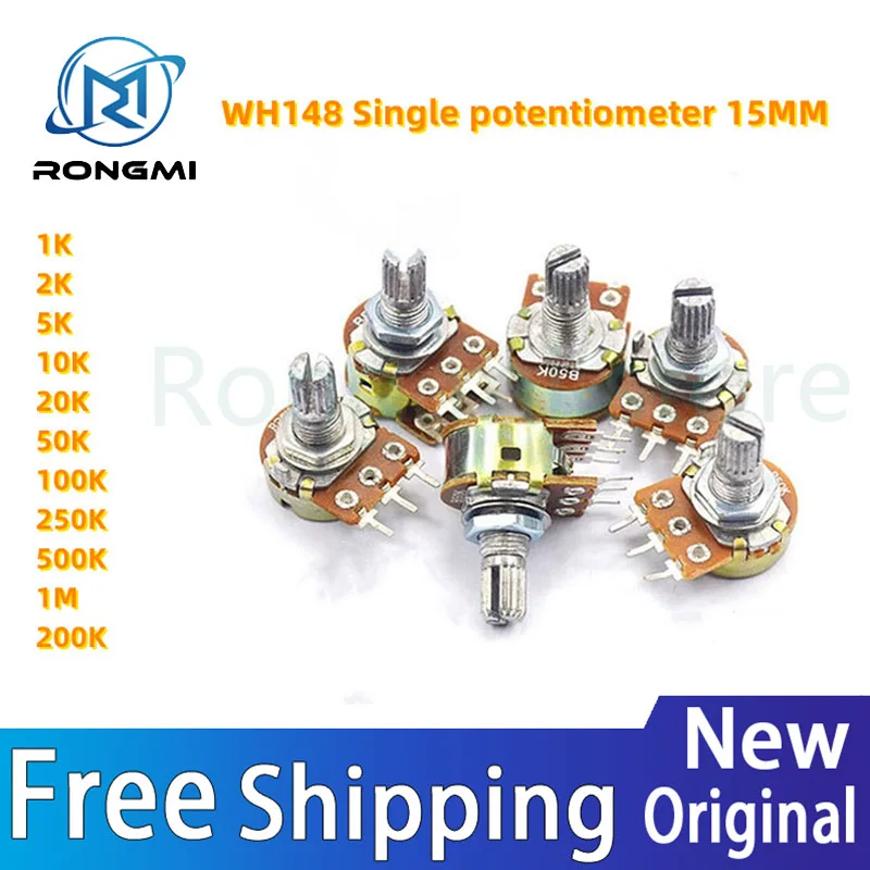 5PCS WH148 Single potentiometer 15MM 1K 2K 5K 10K 20K 50K 100K 250K ...