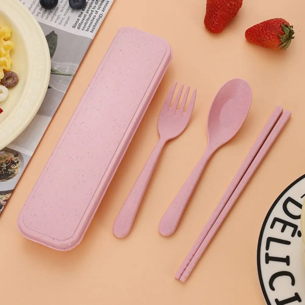 Gift Plastic Cutlery Set Simplicity Portable Spoon With Storage Box Wheat Straw Tableware
