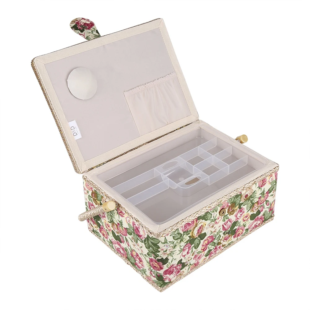 Fabric Floral Printed Sewing Basket Craft Box Household Sundry Storage Organizer with Handle 12x9.1x6.1inch