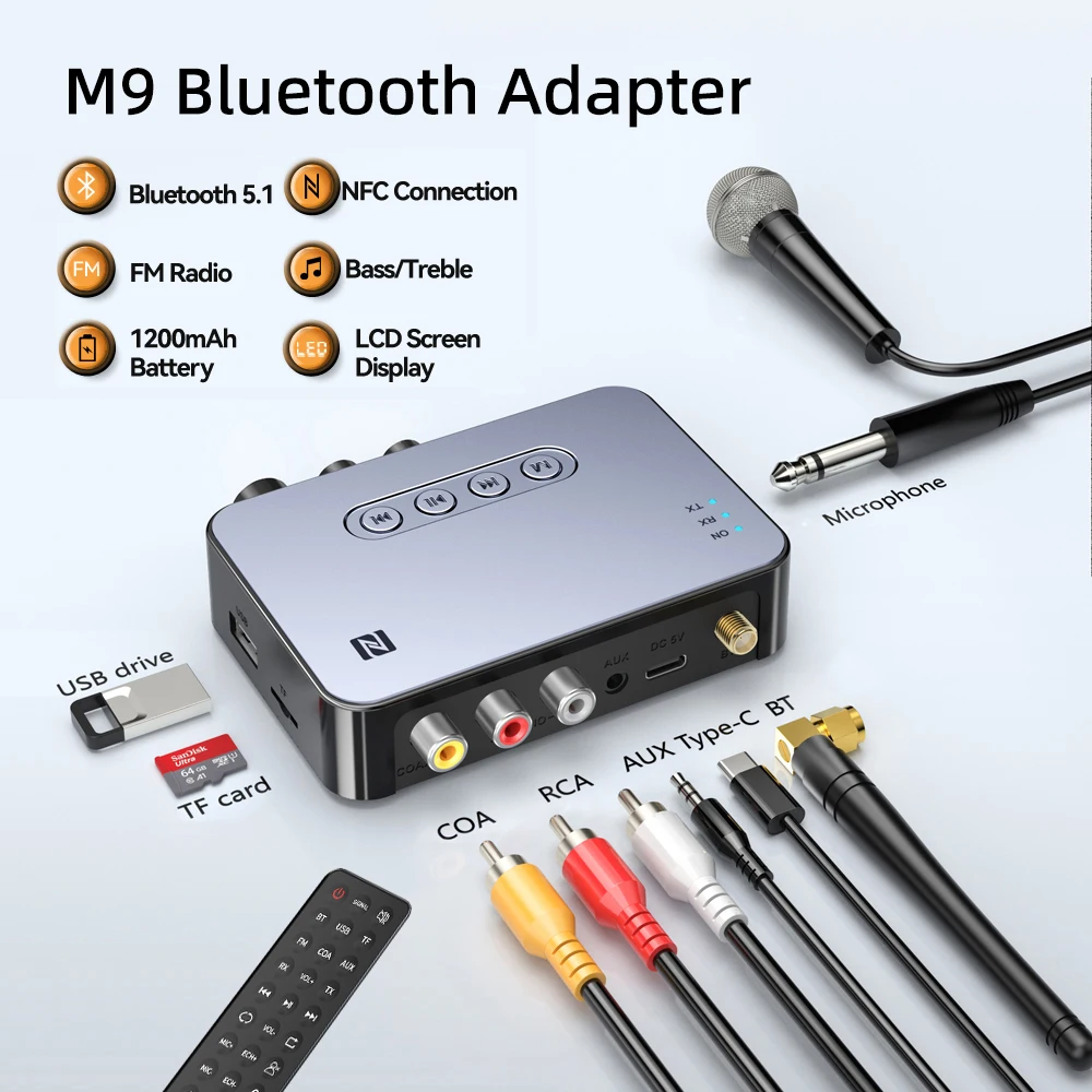Bluetooth Adapter NFC Bluetooth 5.1 Audio Receiver Transmitter 3.5mm AUX/RCA/ 6.5mm Mic/USB Disk/TF Card Player Wireless Stereo FM Radio
