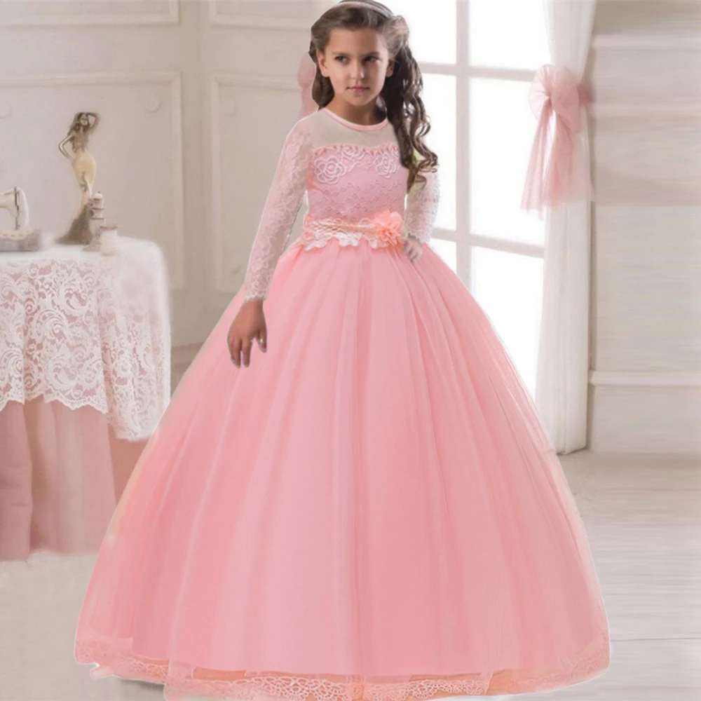 Abito Lungo Festa Per Ragazza Damigella D'Onore – Vita Alta, Pizzo, Tulle E Satin – Taglie 92-164 - 4