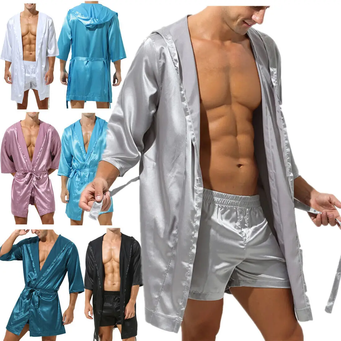 

Men's Silk 100% Satin Kimono Bathrobe Hooded Pajamas Sleepwear Robe Nightgown