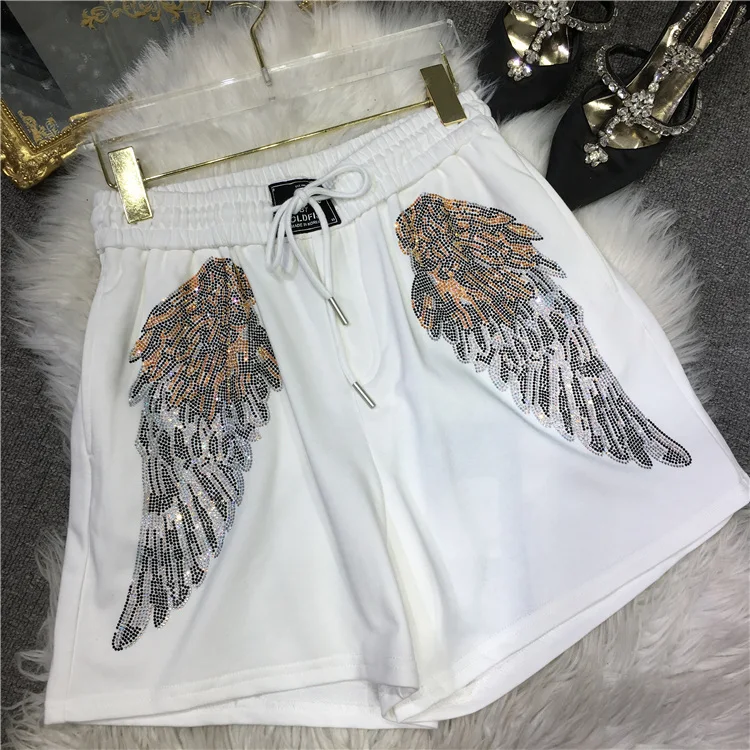 Luxury Hot Drilling Women Shorts Four Seasons Wear All-match Elastic Waist Wings Sweatpants All-match Wide Leg Short Pants