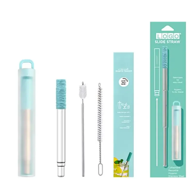 Telescopic Reusable Drinking Straws Stainless Steel Metal Straws Folding Straw Set with Case Cleaning Brush Camping Travel Straw