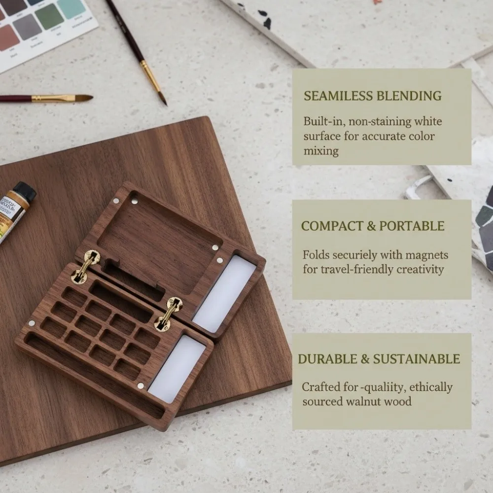 빈 상자 호두나무 수채화 팔레트 소형 자석 흡착 믹싱 페인트 트레이 휴대용 미니 포켓 팔레트 아티스트용