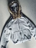 Winter Fashion Streetwear Women's Gothic Punk Faux Fur Hooded Jacket With Cross Print Trendy Edgy Zip - Up Sweatshirt 2026 New - Image 2