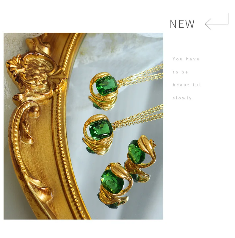 Modeschmuck-Set mit Grünem Kristallanhänger, Halskette und Ohrringen, Koreanische Mode, Persönlicher Schmuck, Glänzende Party-Accessoires – Detail 11
