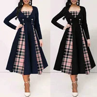 Plus Size Color Blocking Plaid Slim Fit Long Sleeve Women's Dress New Style European And American Fashion Cross-Border Amazon...