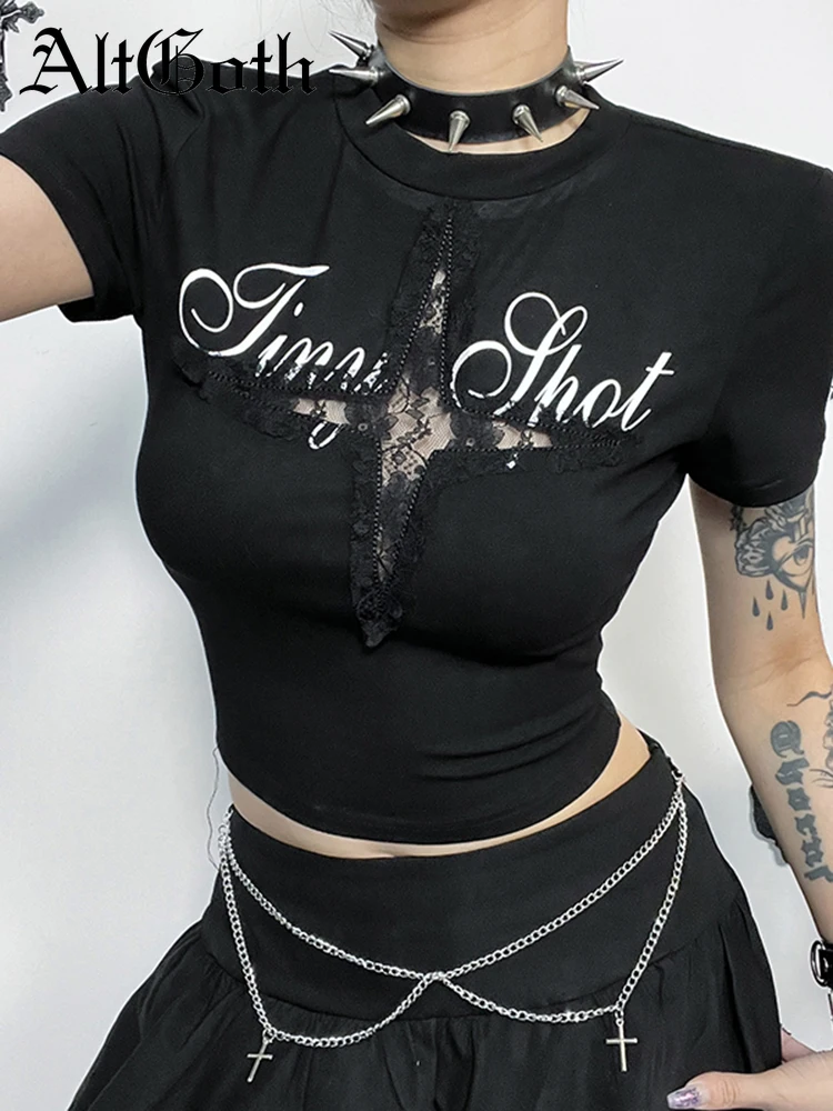 

AltGoth Dark Gothic Basic T-shirt Women Y2k Streetwear Cyber Punk Letters Printed Cross Cut Out Short Sleeve O-neck Crop Tee Top