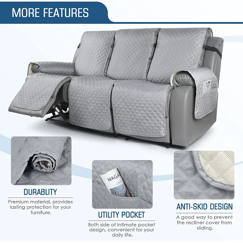 3 Seat Non-Slip Recliner Chair Cover Sofa Slipcover Reversible Pet Cover Protector Couch Cover 3