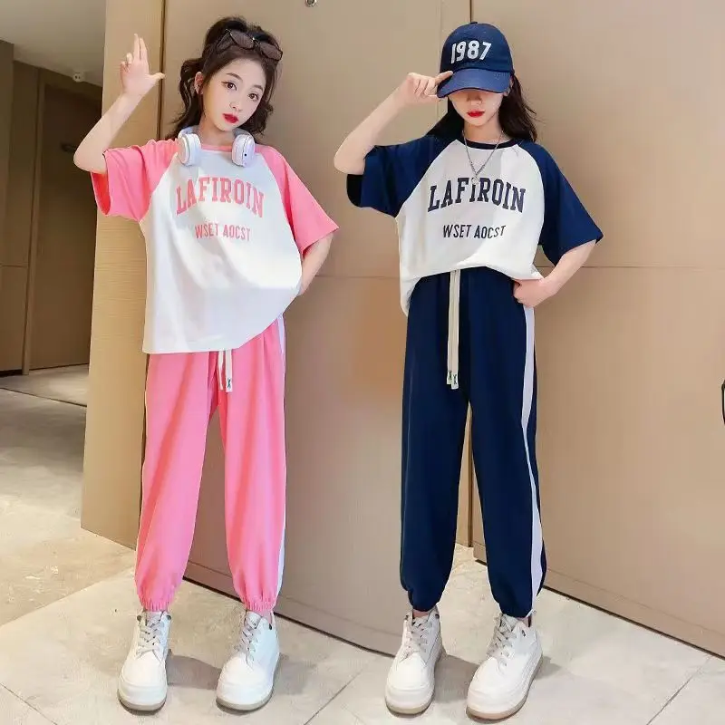 

Girls Casual Suit Summer 2022 New Kids Summer Sports Short Sleeve Streetwear Children High-waist Two-piece Set5-14T
