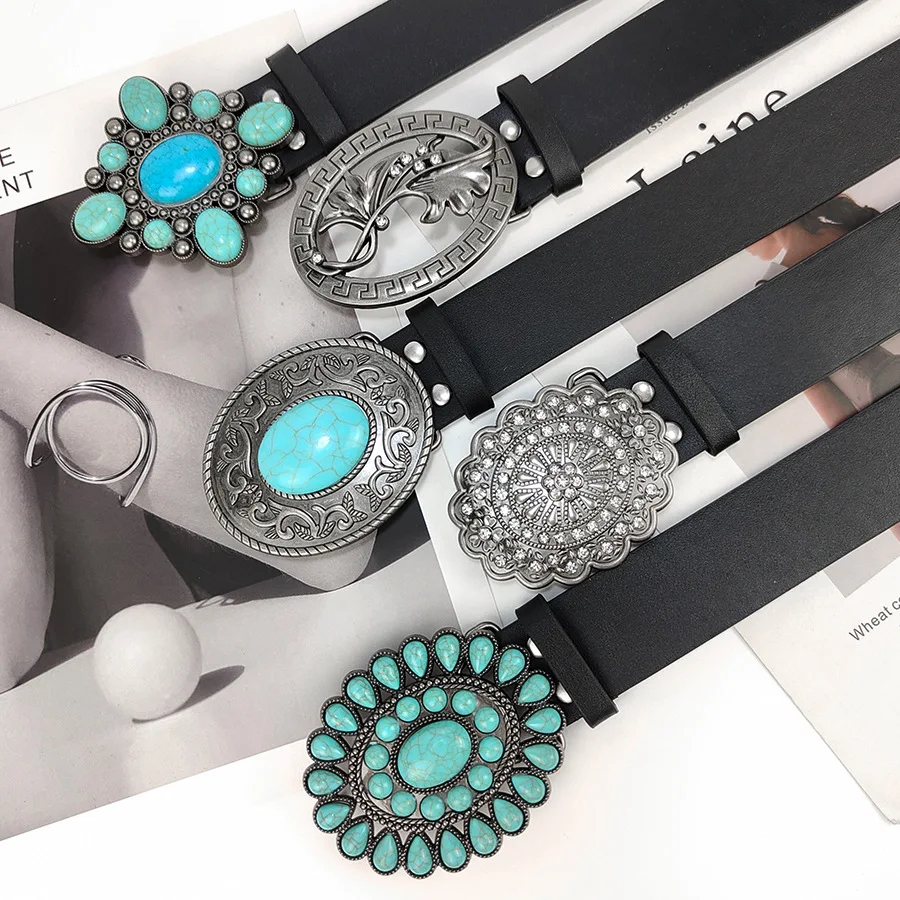 

European Metal Curving Buckle Adjustable Women Belts Vintage Turquoise Stone Hole PU Leather Simple Waist Belts Studded Belts