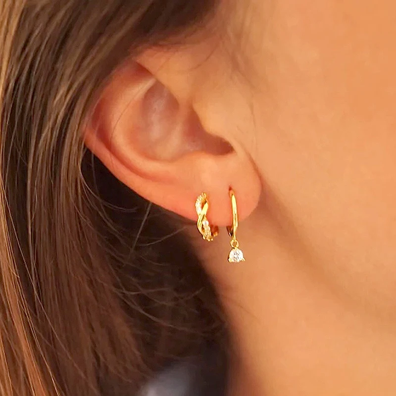 Pave Micro Crystal North Star Hoop Earrings Punk 925 Sterling Silver Ear Needle Twist Gold Earrings For Women Minimalist Jewelry