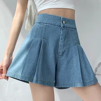 DFRCAEG 2024 Summer Plus Size Denim Shorts For Women High Elastic Waist Blue Or Sky Blue Pleated Mini Large Size Short Femme - Image 4