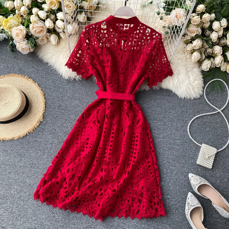 French Elegant Hollow Out Dress Women Summer Retro Temperament Red Dresses Sexy Lace Short Sleeved Mid A Line Party Gown AliExpress