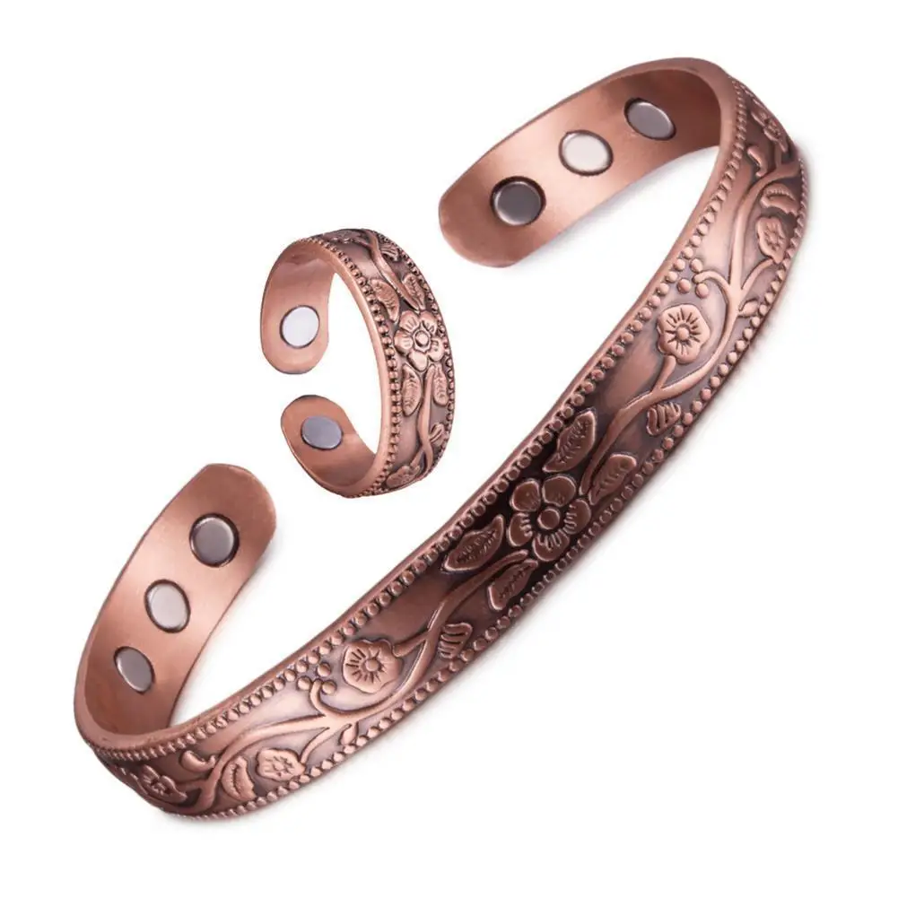 Magnetic bracelet Magnetic Bracelet Retro Flower Ring Bracelet Set Adjustable Men's and Women's Plated Ancient Red Copper Magnetic