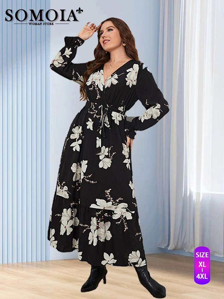 

SOMOIA Plus Size Women Clothing Dresses Elegant Floral Print Petal Long Sleeve Large Black Party Dress Wholesale Dropshipping