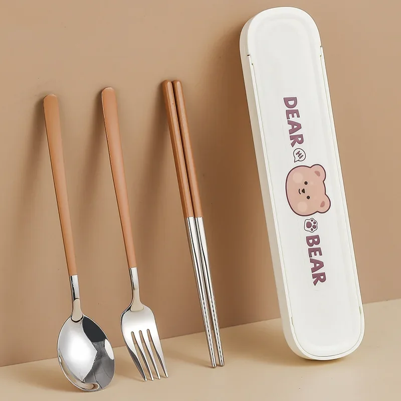 304 Stainless Steel Cartoon Cutlery Set with Case Kids Fork Spoon Portable Cutlery Travel Tableware Reusable Flatware