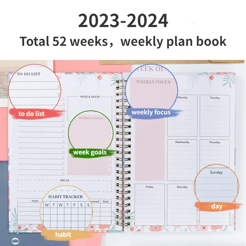 2023-2024 Weekly Planner Spiral Agenda A5 Notebook Planner Pouch 52 Weeks  Planner Schedules Stationery Office School Supplies - AliExpress